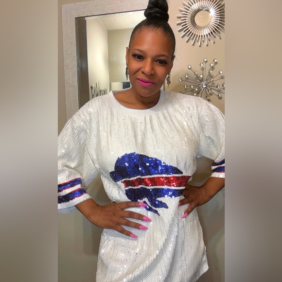 Sale‼️Buffalo Bills sequin dress. White Sequin T-Shirt with Blue and Red Buffalo - Picture 2 of 11
